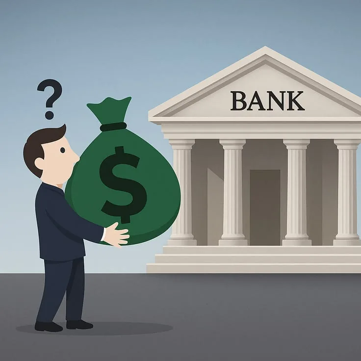 Illustration of a man carrying a money bag toward a bank