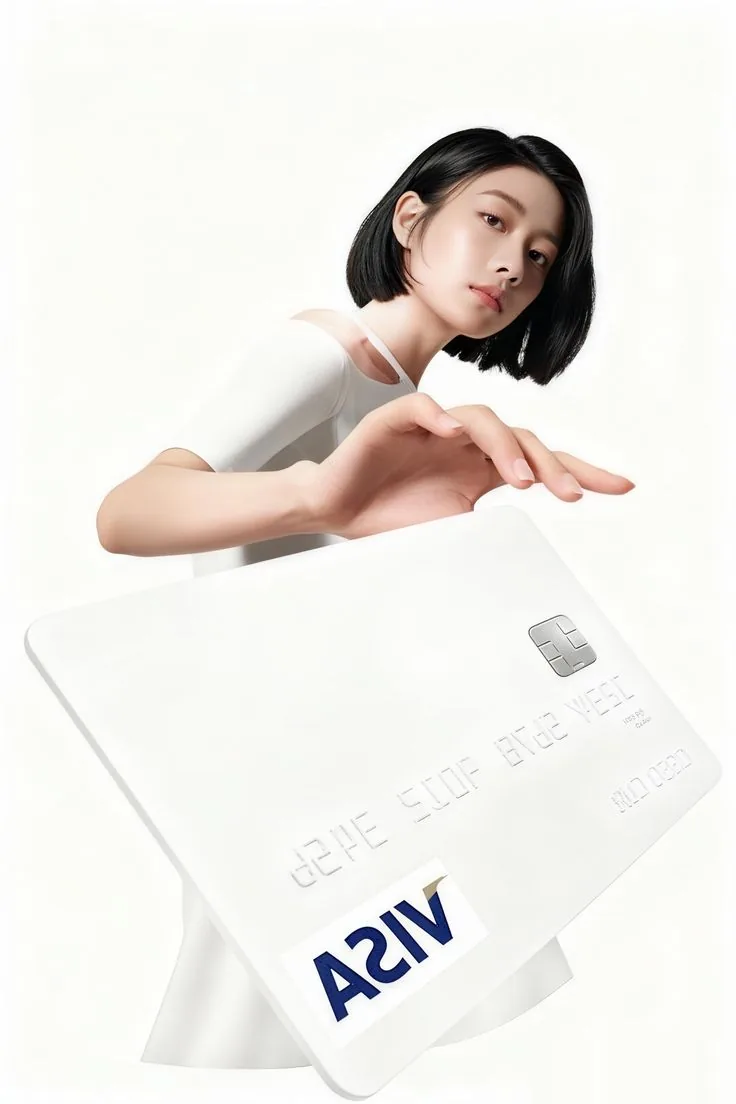 Woman resting her hand on an oversized white payment card
