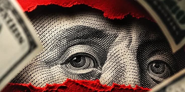 Eyes of a banknote portrait seen through torn red paper