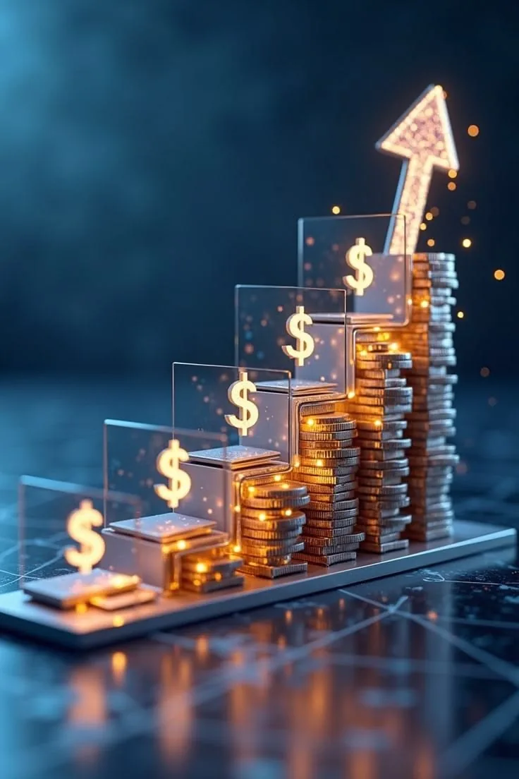 Rising stacks of coins with a glowing upward arrow